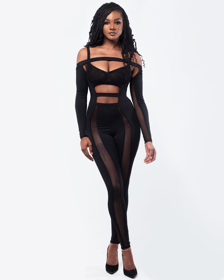 Privy Sheer Off the Shoulder Cutout Jumpsuit