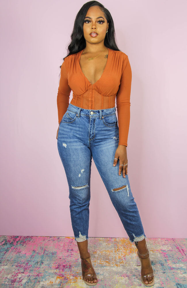 Take Charge V-Neckline Caged Sheer Bodysuit