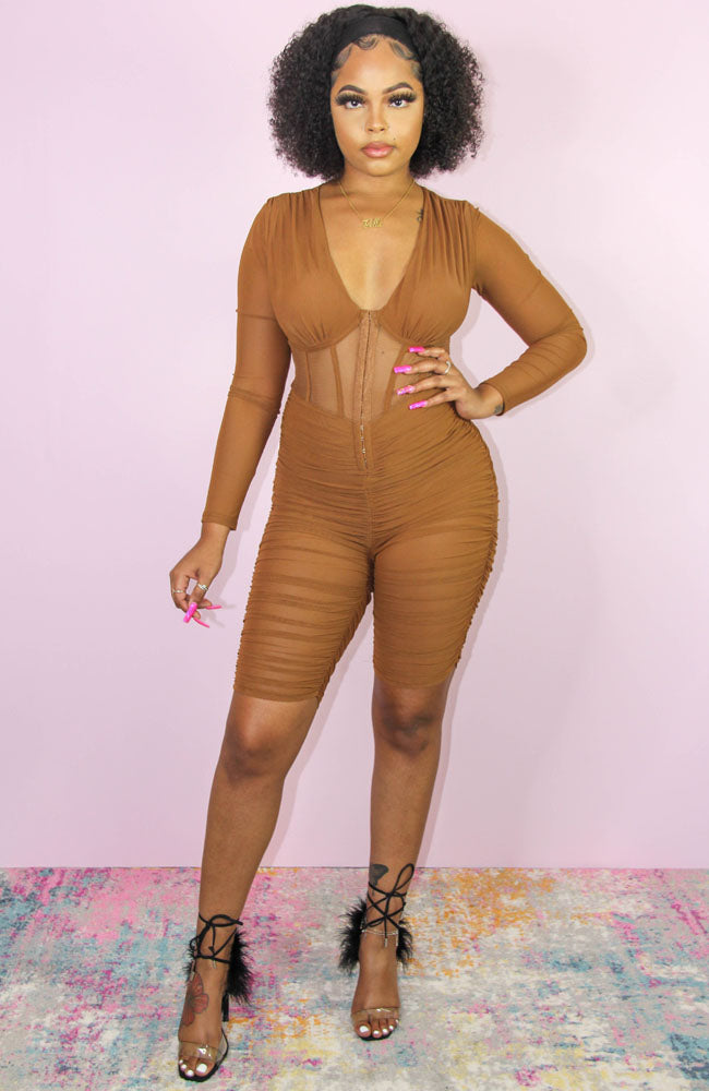 Look At Me Now Camel Sheer Mesh Romper