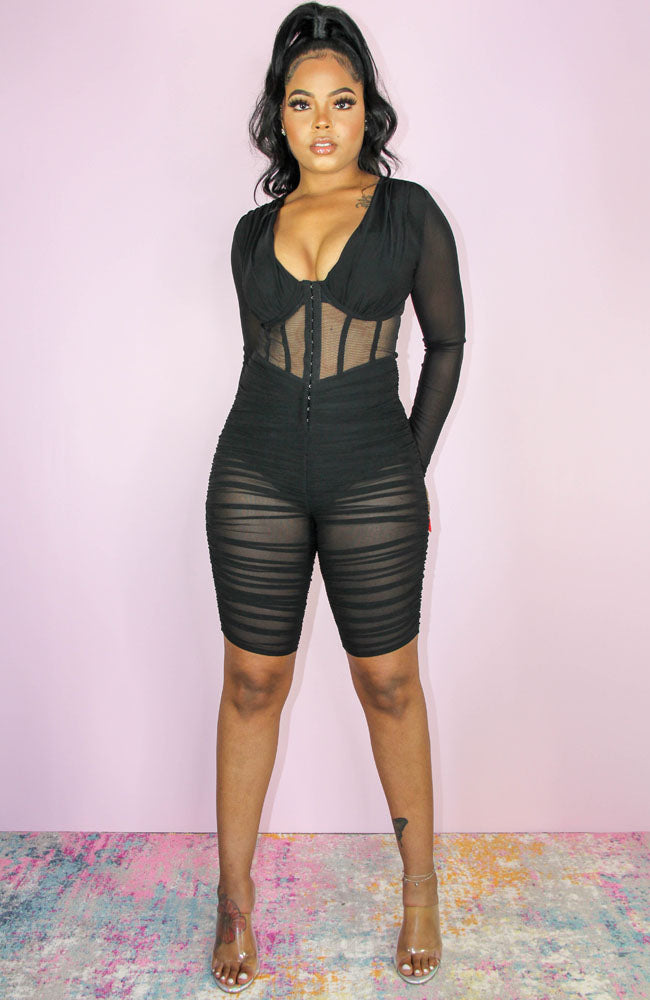 Look At Me Now Black Sheer Mesh Romper