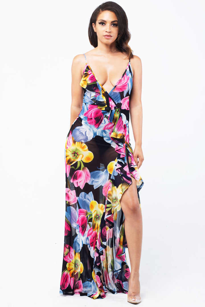 Sheer Floral Ruffle High Split Dress