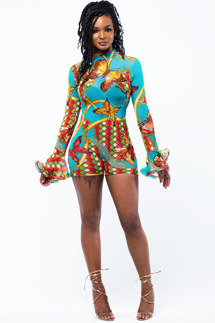 Butterflies & Ruffle Bell Long Sleeve Romper