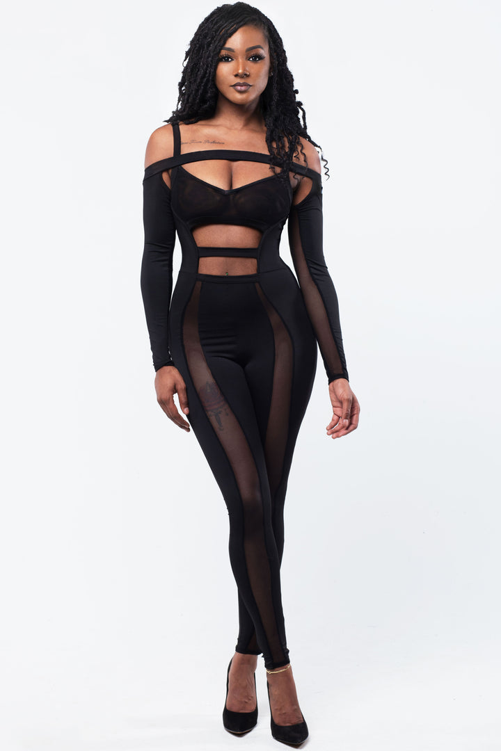Privy Sheer Off the Shoulder Cutout Jumpsuit