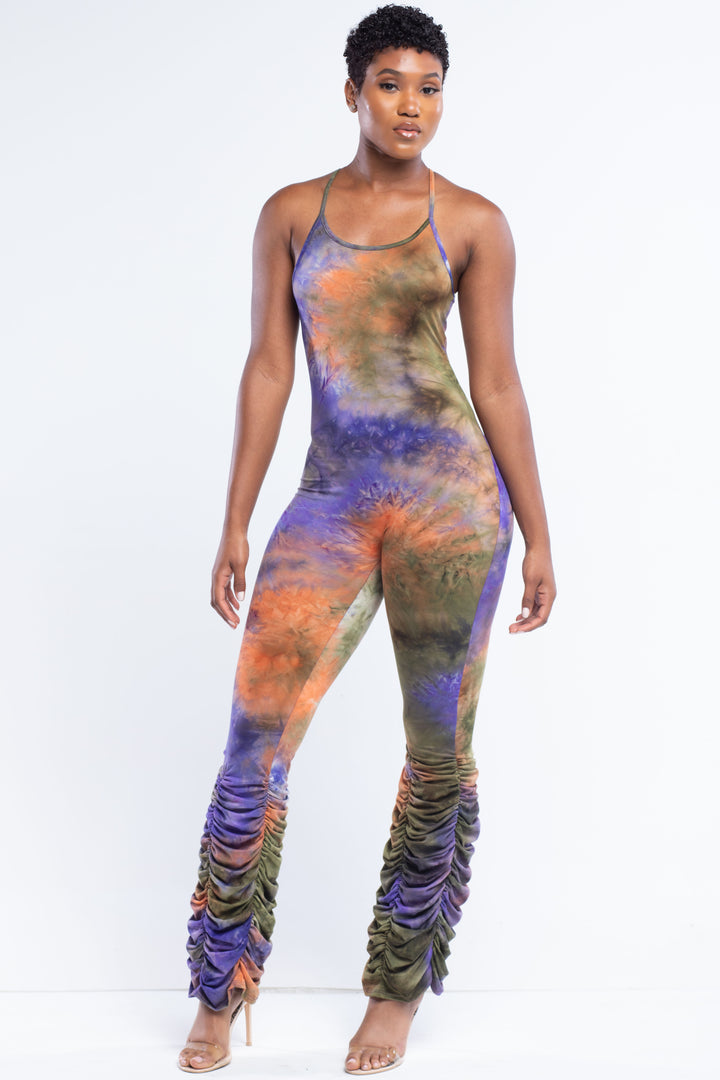 Purple Tie-Dye Jumpsuit With Ruching Bell Bottom