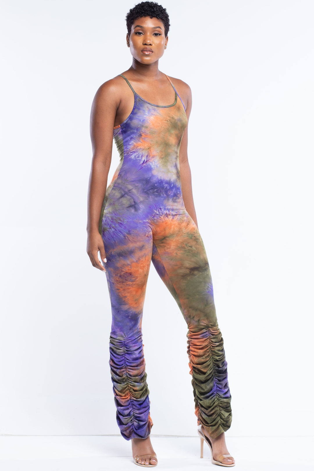 Purple Tie-Dye Jumpsuit With Ruching Bell Bottom