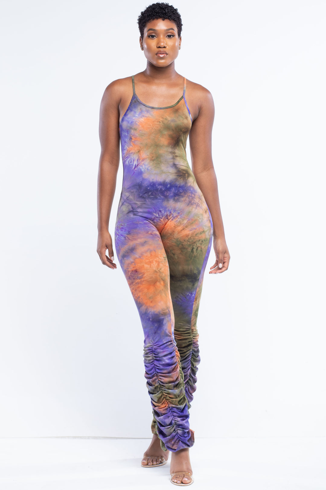 Purple Tie-Dye Jumpsuit With Ruching Bell Bottom