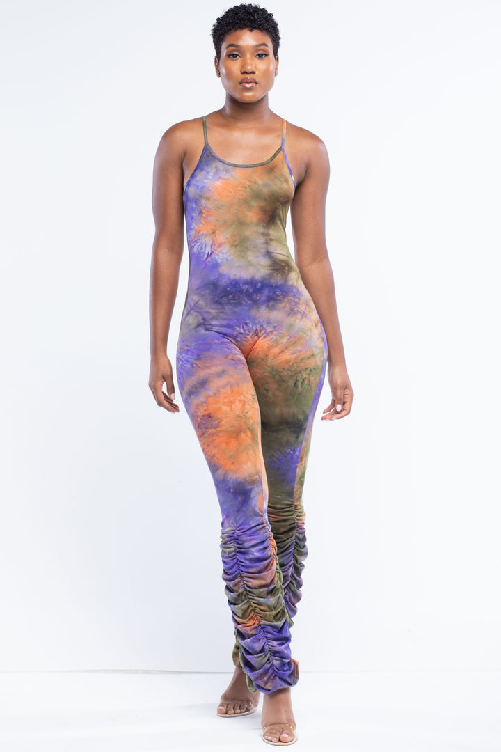 Purple Tie-Dye Jumpsuit With Ruching Bell Bottom
