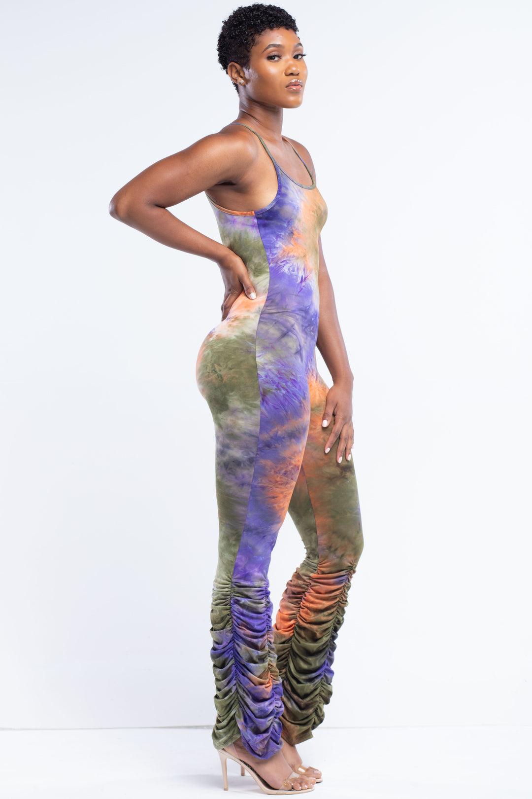 Purple Tie-Dye Jumpsuit With Ruching Bell Bottom