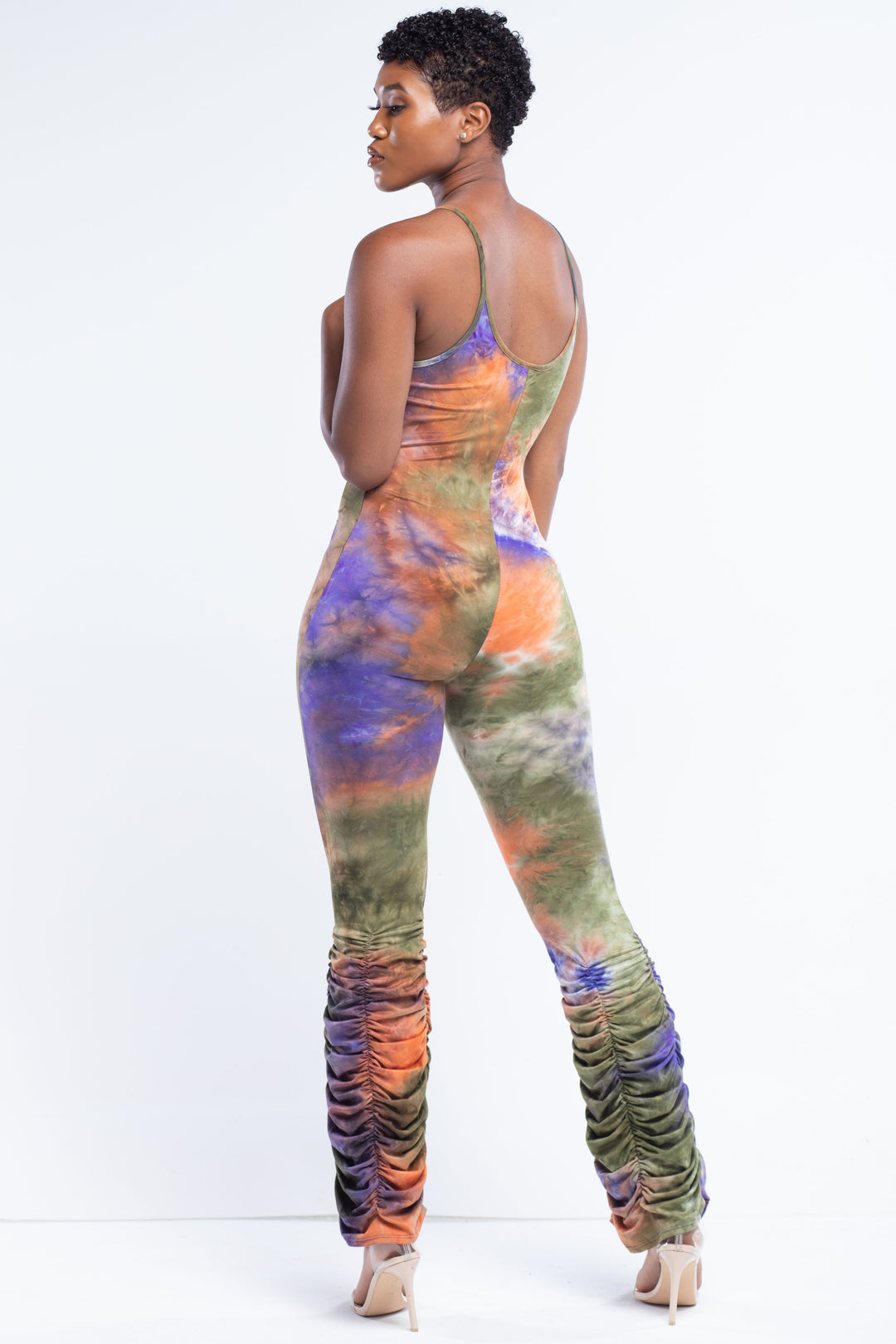 Purple Tie-Dye Jumpsuit With Ruching Bell Bottom