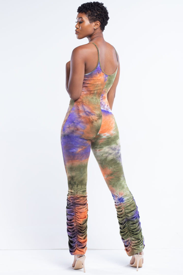 Purple Tie-Dye Jumpsuit With Ruching Bell Bottom