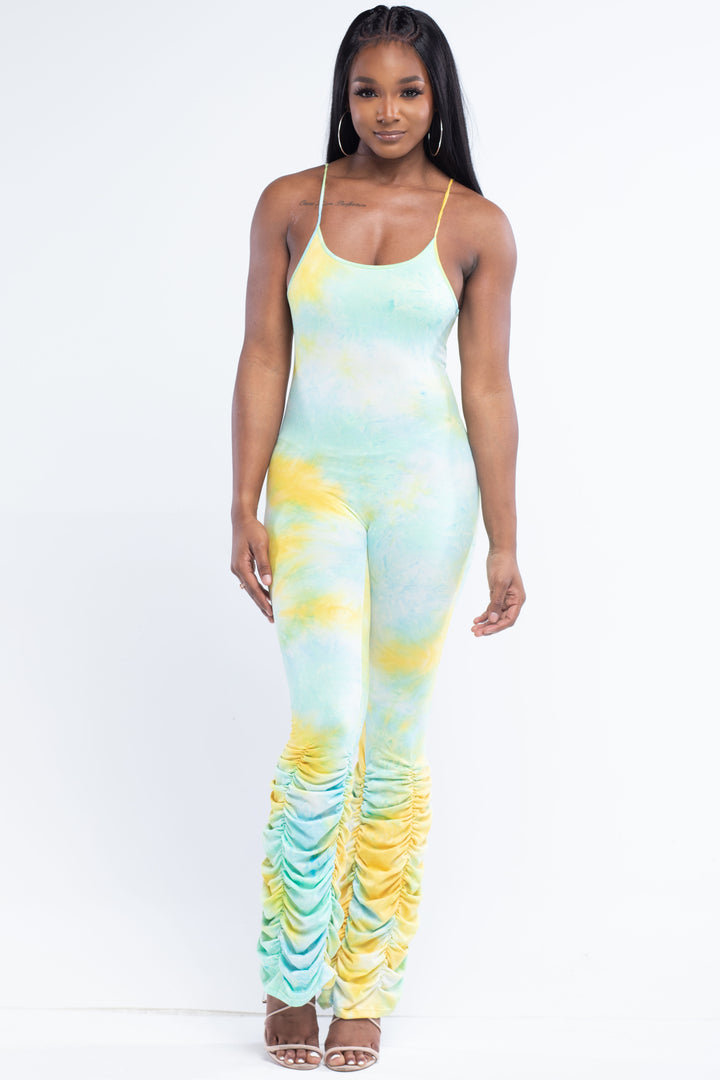 Mint Yellow Tie-Dye Jumpsuit With Ruching Bell Bottom