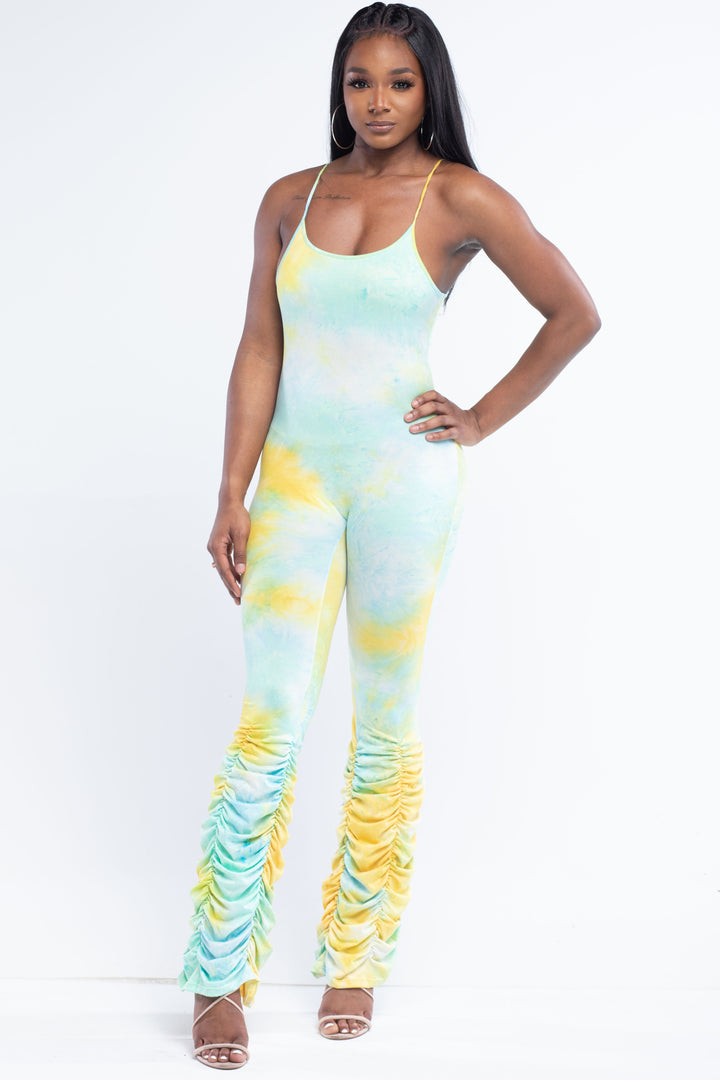 Mint Yellow Tie-Dye Jumpsuit With Ruching Bell Bottom