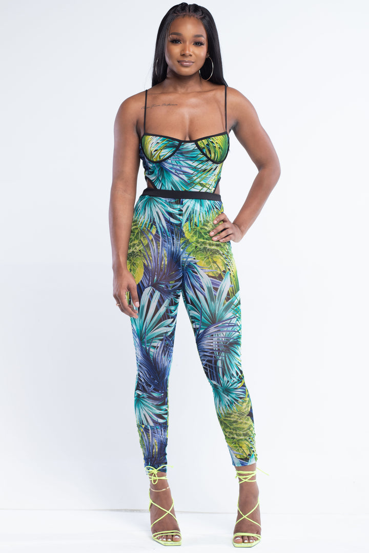 Blue Sheer Tropical Two Piece Pants Set