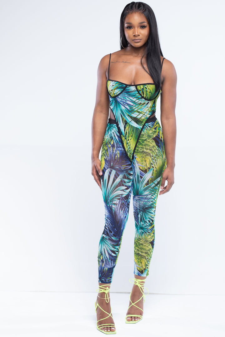 Blue Sheer Tropical Two Piece Pants Set