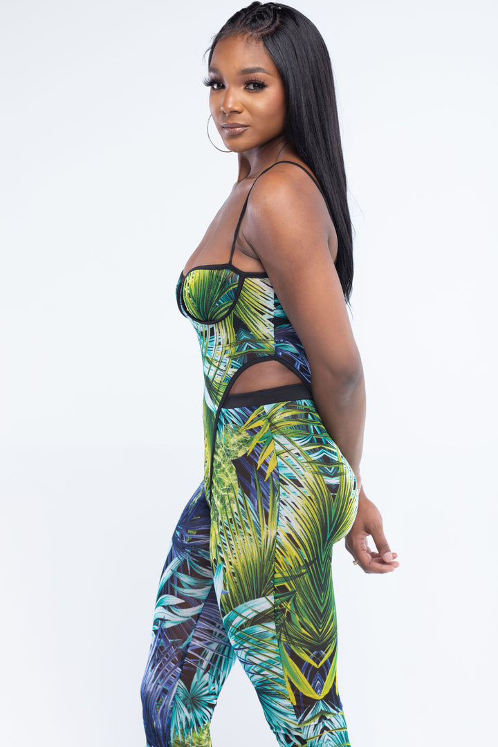 Blue Sheer Tropical Two Piece Pants Set