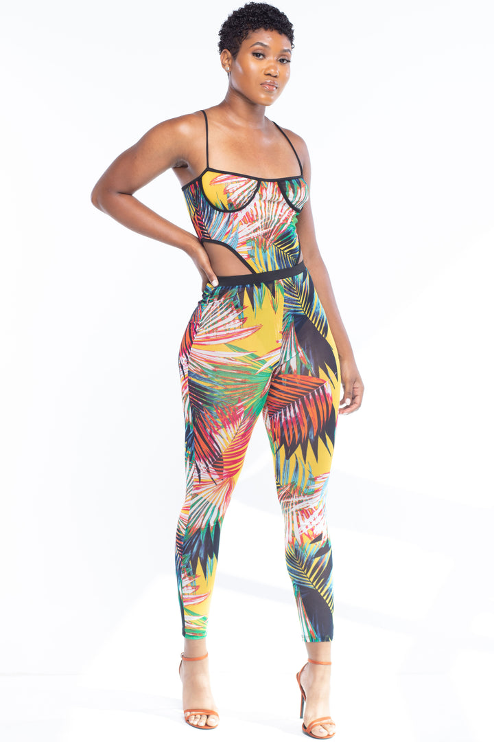 Yellow Red Sheer Tropical Print Two Piece Pants Set