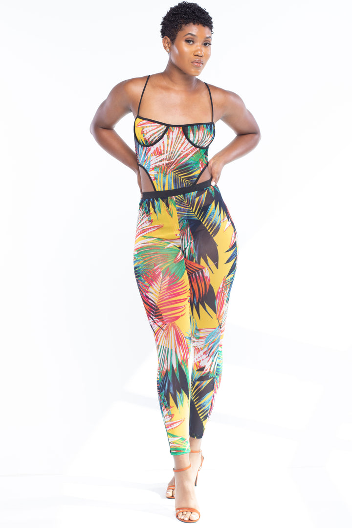 Yellow Red Sheer Tropical Print Two Piece Pants Set