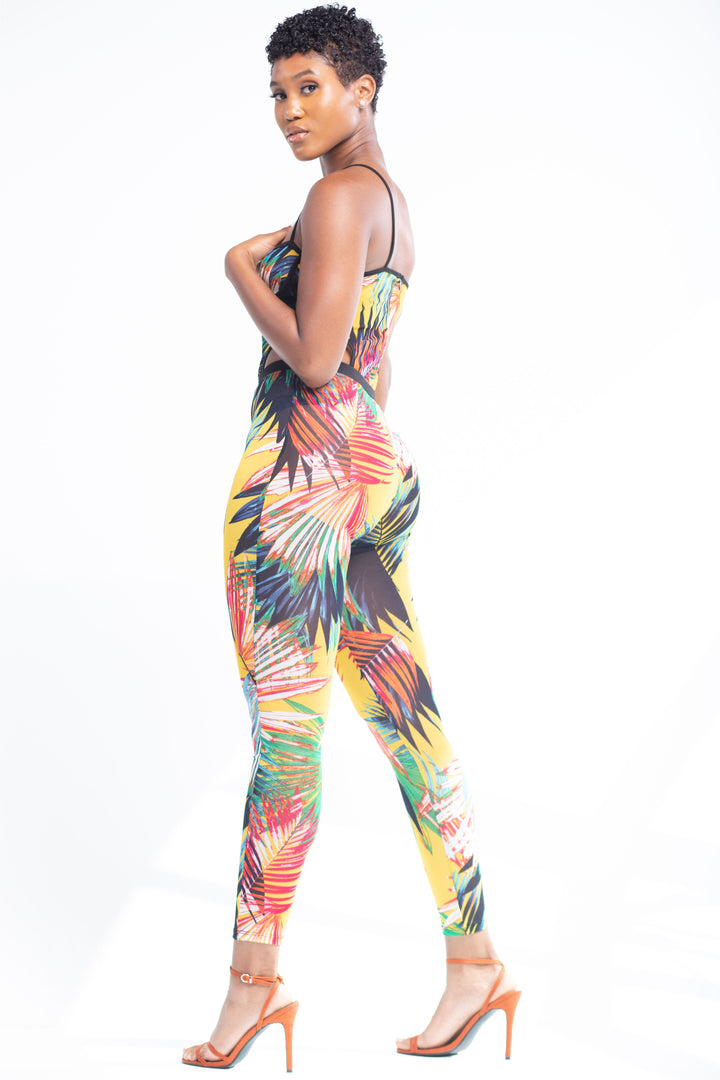 Yellow Red Sheer Tropical Print Two Piece Pants Set