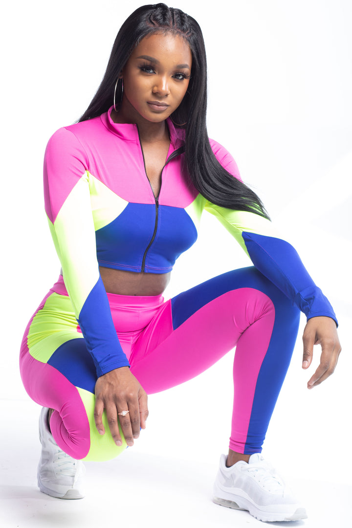 Pink Color Block Two Piece Cropped Pants Set