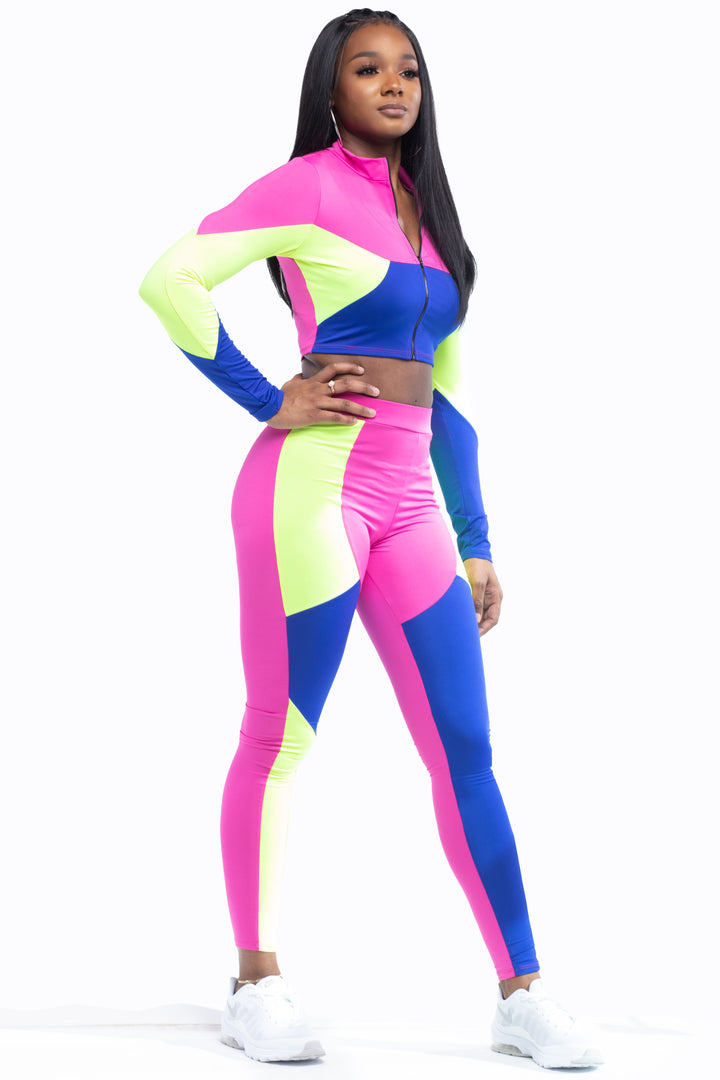 Pink Color Block Two Piece Cropped Pants Set