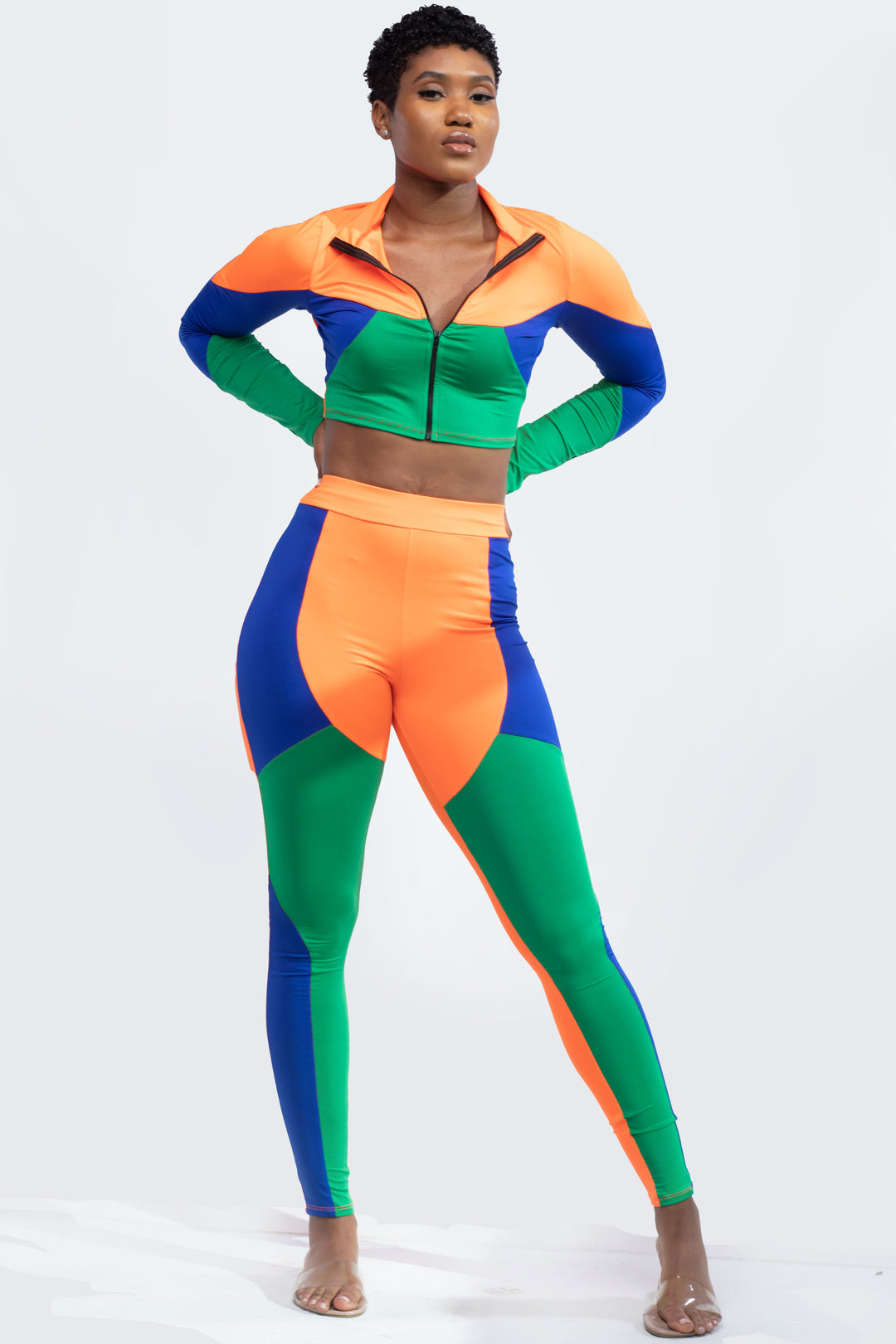 Green Color Block Two Piece Cropped Pants Set