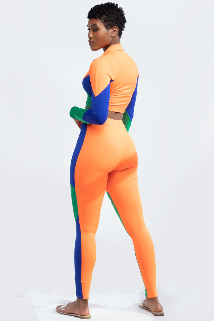 Green Color Block Two Piece Cropped Pants Set