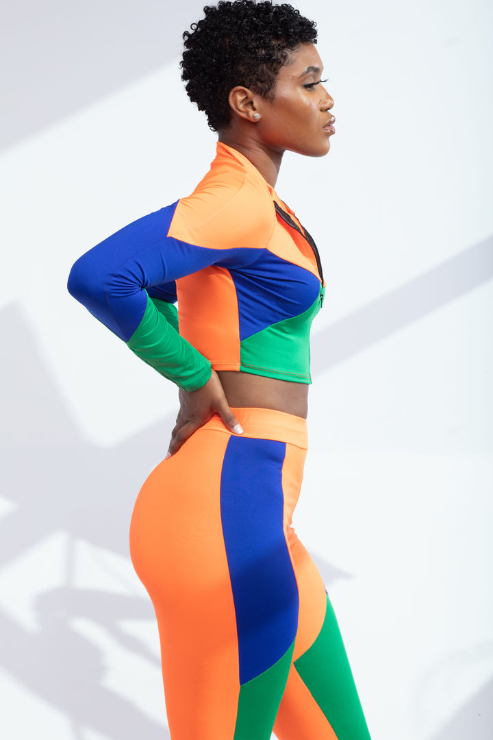 Green Color Block Two Piece Cropped Pants Set