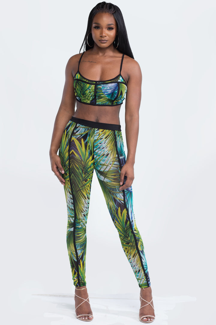 Blue Sheer Tropical Print Crop Top Two Piece Pants Set
