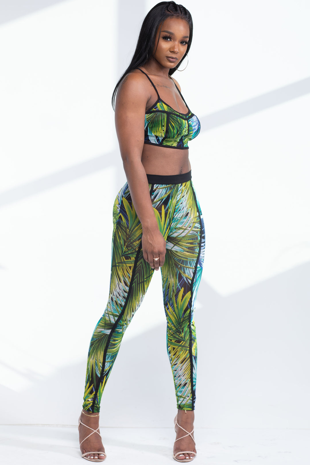 Blue Sheer Tropical Print Crop Top Two Piece Pants Set