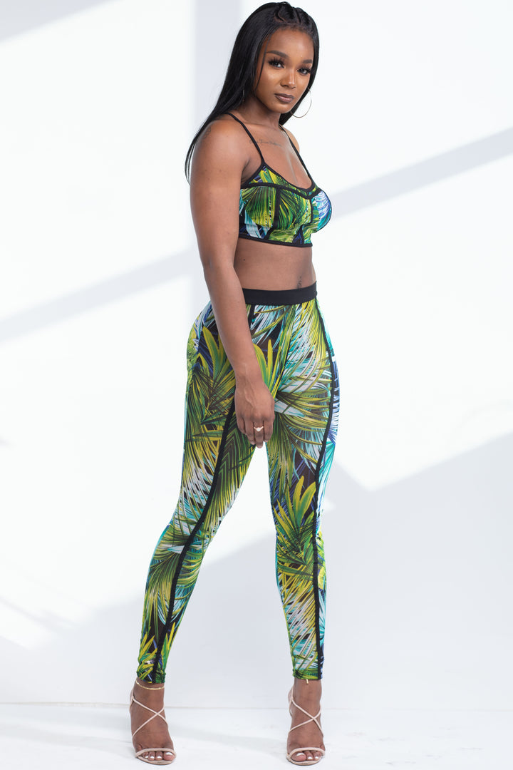 Blue Sheer Tropical Print Crop Top Two Piece Pants Set