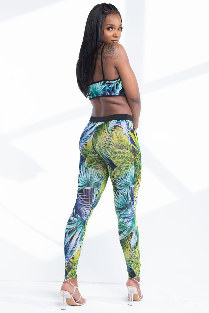 Blue Sheer Tropical Print Crop Top Two Piece Pants Set