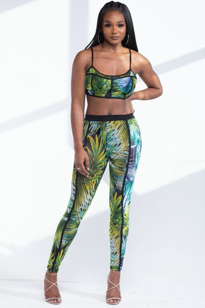 Blue Sheer Tropical Print Crop Top Two Piece Pants Set