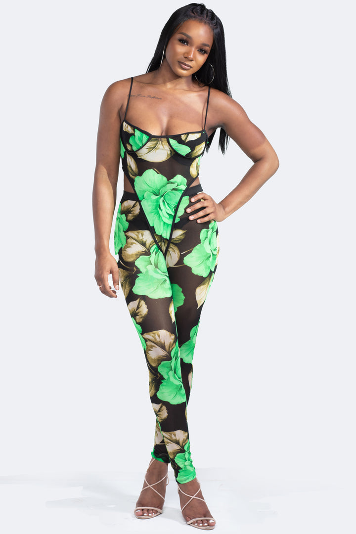 Green Sheer Floral Print Two Piece Pants Set