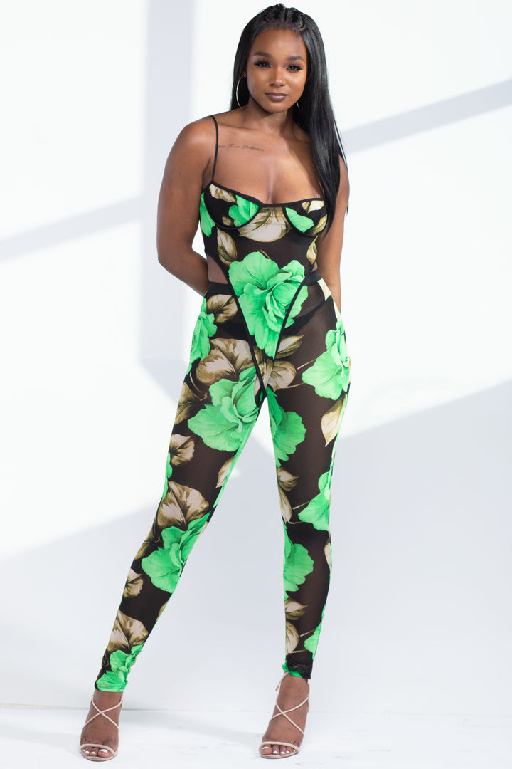 Green Sheer Floral Print Two Piece Pants Set