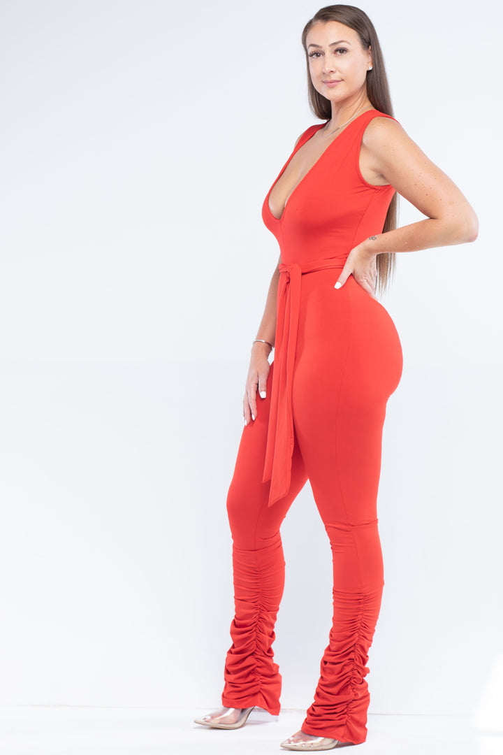 Red Deep V-Neckline Bow Knot Jumpsuit With Ruching Bottoms
