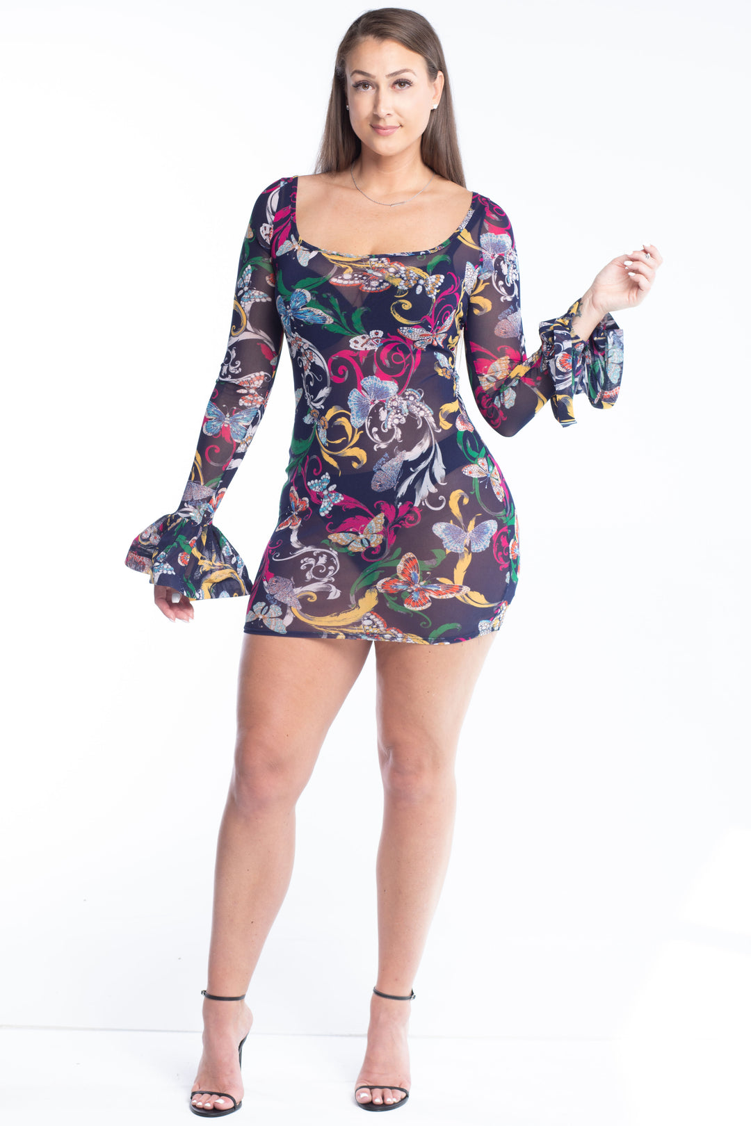 Butterflies & Ruffle Bell Long Sleeve Dress
