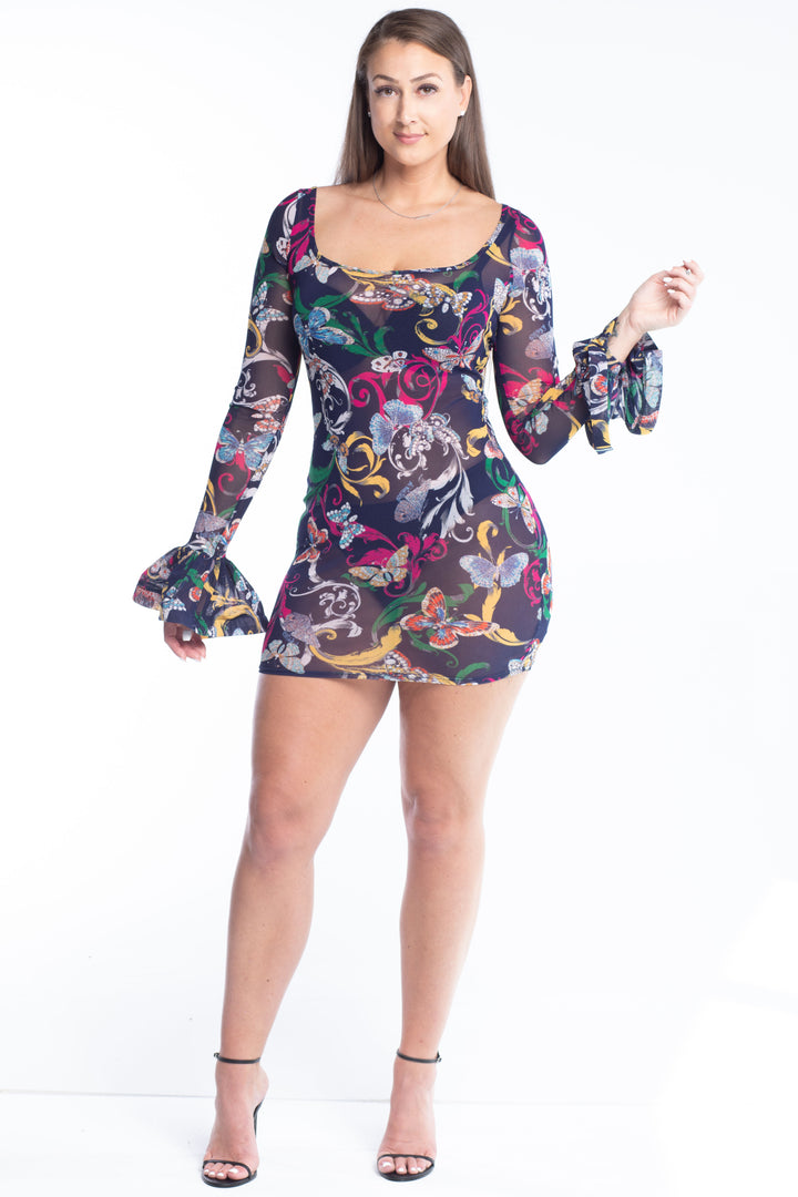 Butterflies & Ruffle Bell Long Sleeve Dress