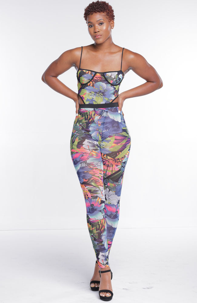 Pink Blue Sheer Tropical Print Two Piece Pants Set