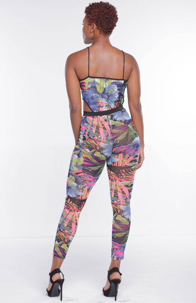 Pink Blue Sheer Tropical Print Two Piece Pants Set