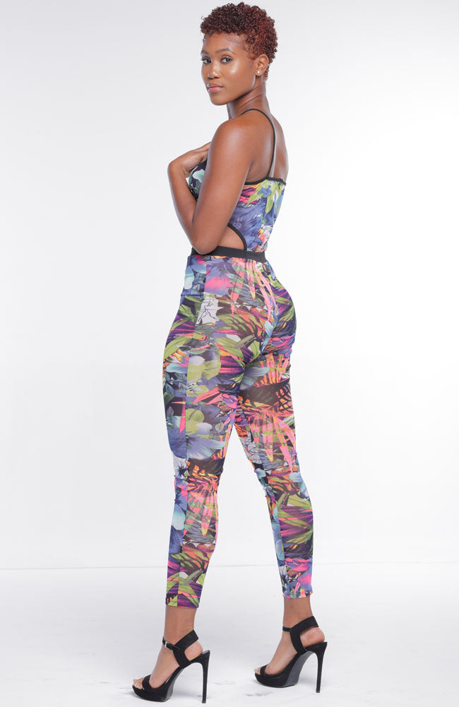 Pink Blue Sheer Tropical Print Two Piece Pants Set
