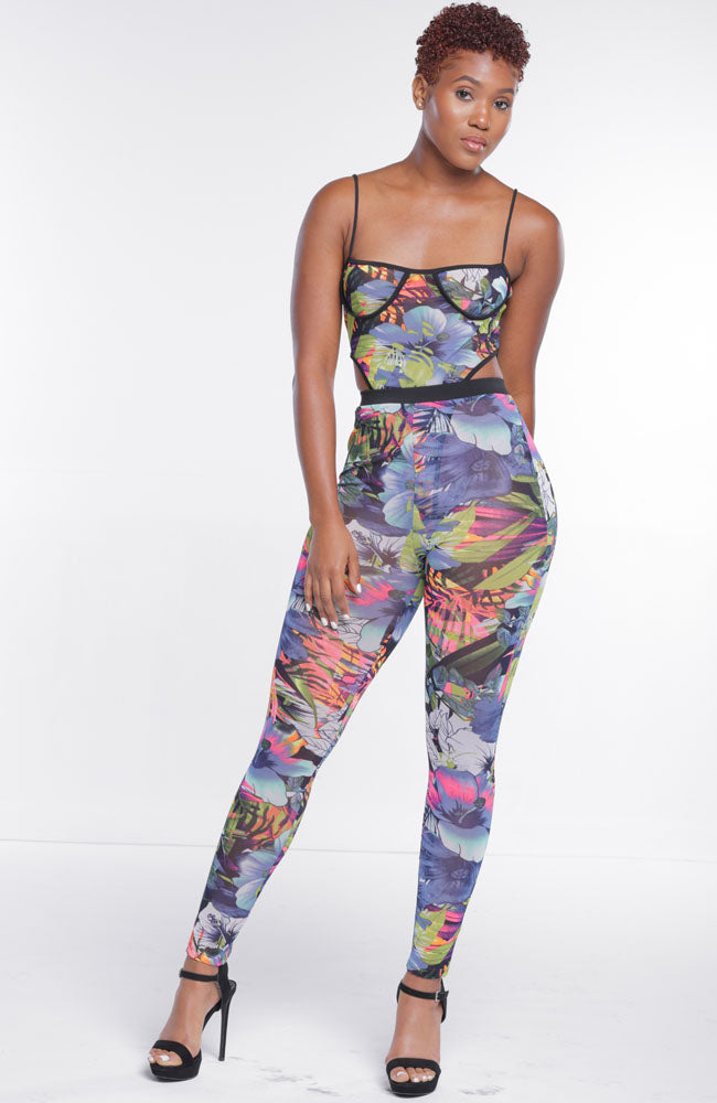 Pink Blue Sheer Tropical Print Two Piece Pants Set