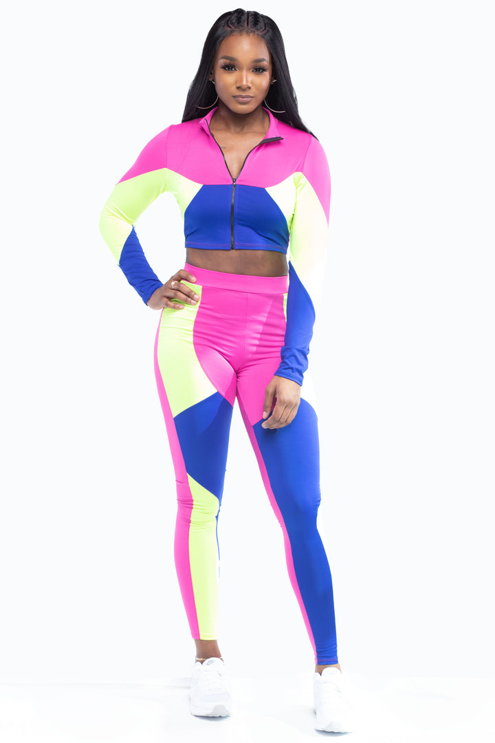 Pink Color Block Two Piece Cropped Pants Set