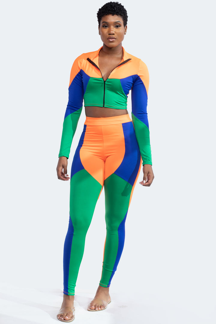 Green Color Block Two Piece Cropped Pants Set