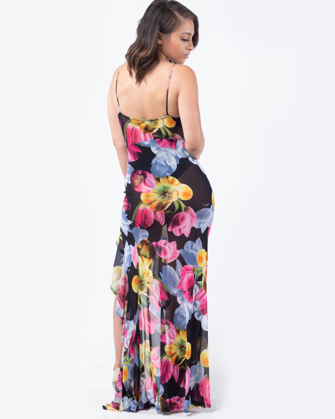 Sheer Floral Ruffle High Split Dress