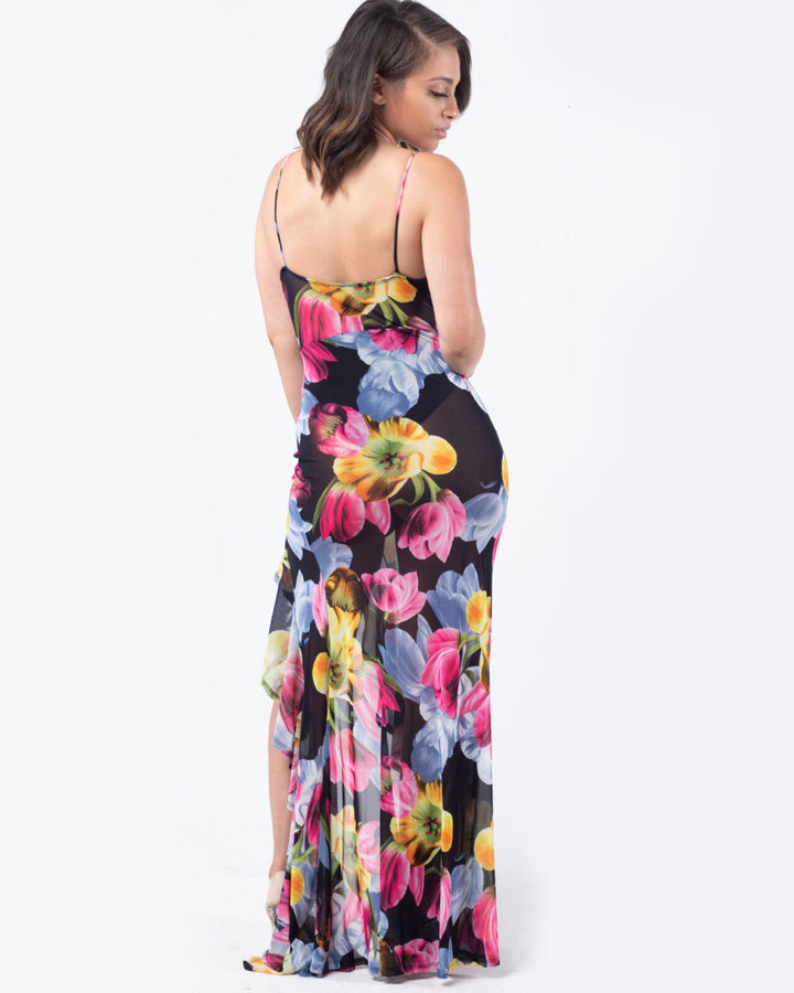 Sheer Floral Ruffle High Split Dress